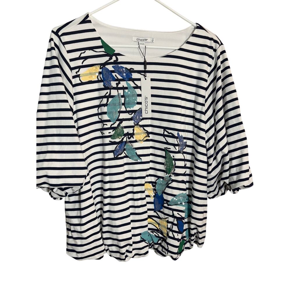 Chicos NWT Striped Sequin Fish Top Size 3 XL Nautical Coastal Blouse White Blue